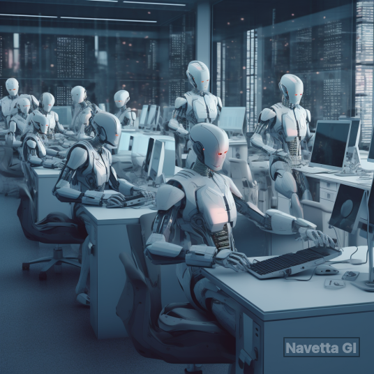 Un Gruppo di Robots con Intelligenza Artificiale che Lavorano al PC.